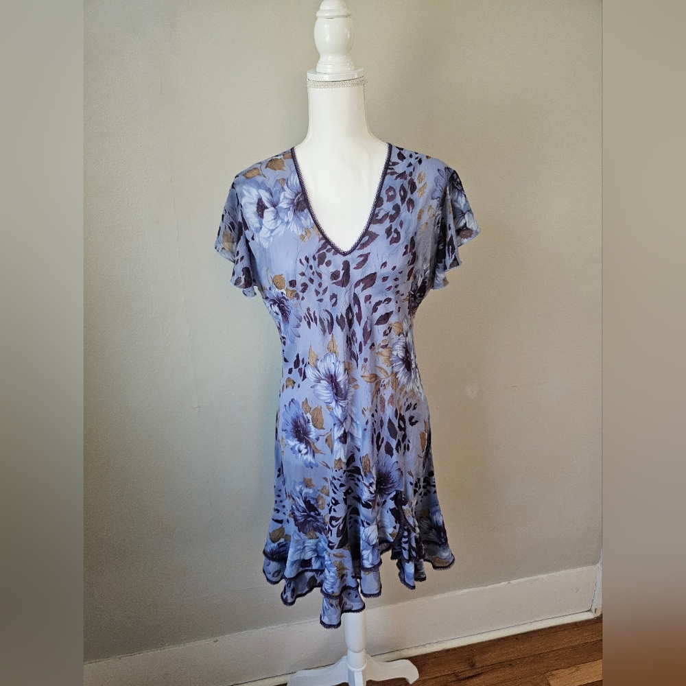 Sensara Floral And Leopard Sheer V-Neck Ruffle Dress